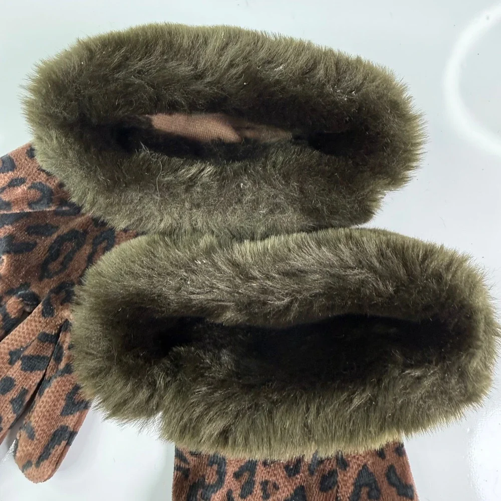 Leopard Print Faux Fur Trim Gloves Brown Black Olive Green Cotton Blend RN 68299